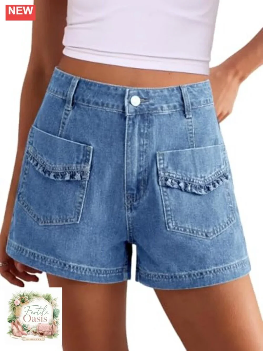 High Waisted Baggy Wide Leg Jean Shorts with Ruffle Pockets, Lightweight